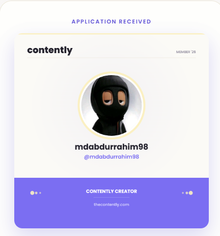 A Contently application confirmation card showing 'APPLICATION RECEIVED' for user 'mdabdurrahim98' as a Contently Creator.