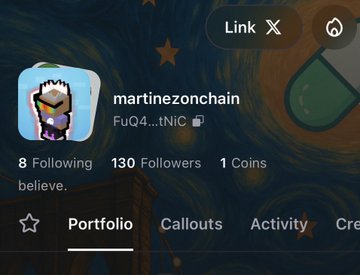 The image shows a Pump.fun user profile for "martinezonchain" (FuQ4...tNiC) with 8 Following, 130 Followers, and 1 Coin, displayed on the platform's new UI, which the accompanying post praises for its smoother, more polished design overhaul.