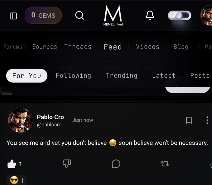 Screenshot of the MEMELinked social media app showing a post by Pablo Cro (@pablocro) stating 'You see me and yet you don't believe 😂 soon believe won't be necessary,' with 1 like visible.