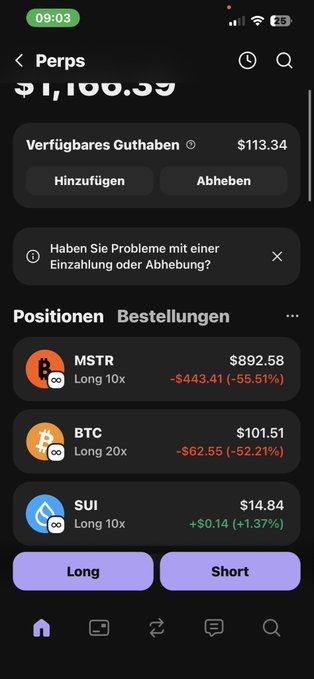 The image shows an iPhone screen displaying information about various cryptocurrency transactions, including Bitcoin and other digital assets. The text on the screen provides details about the transactions, such as their status (long or short) and the amount of money involved. The phone is positioned in a way that allows for easy viewing from different angles, with the top left corner being visible at all times.