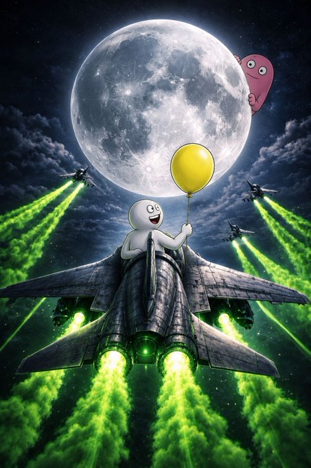 A digital illustration of a small white character holding a yellow balloon while riding a fighter jet, with green exhaust trails, a large moon, and another jet visible in the background.