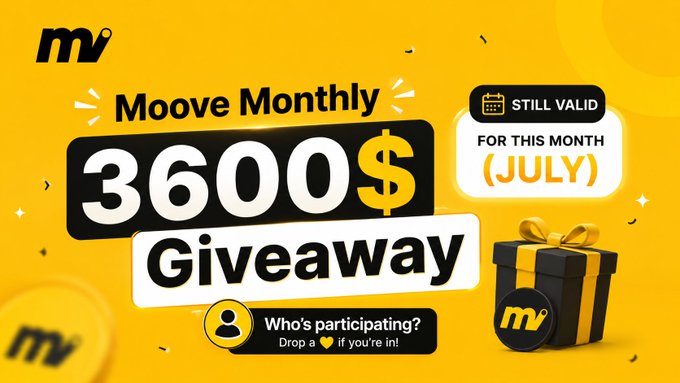 A promotional graphic for Moove Monthly's $3,600 giveaway, featuring a yellow gift box, a "Still Valid for This Month (July)" badge, and the call-to-action "Who's participating? Drop a 👇 if you're in!" — visually reinforcing the post's invitation to join the ongoing giveaway before it ends this month.