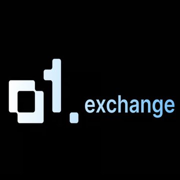 The image displays the "o1.exchange" logo, featuring stylized white "o1" lettering alongside light blue ".exchange" text on a black background. This branding corresponds to the announcement about o1 Exchange expanding its trading terminal, DEX, launchpad, and mobile functionality to the Monad ($MON) ecosystem.