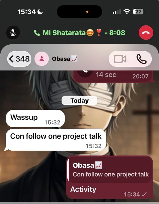 A screenshot of an active phone call on WhatsApp with "Obasa" at 15:34, showing recent messages like "Wassup" and "Con follow one project talk," along with a voice note activity, capturing a casual web3 networking moment fitting the "random saturday in the life of a web3 boy" vibe.