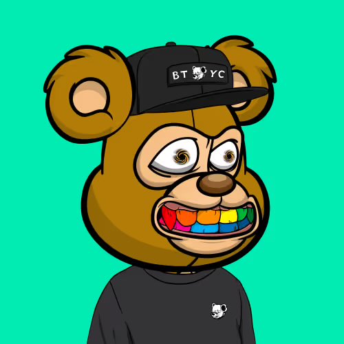 A cartoon illustration of a brown bear character wearing a black 'BTYC' cap and black shirt, featuring rainbow-colored teeth against a bright green background.