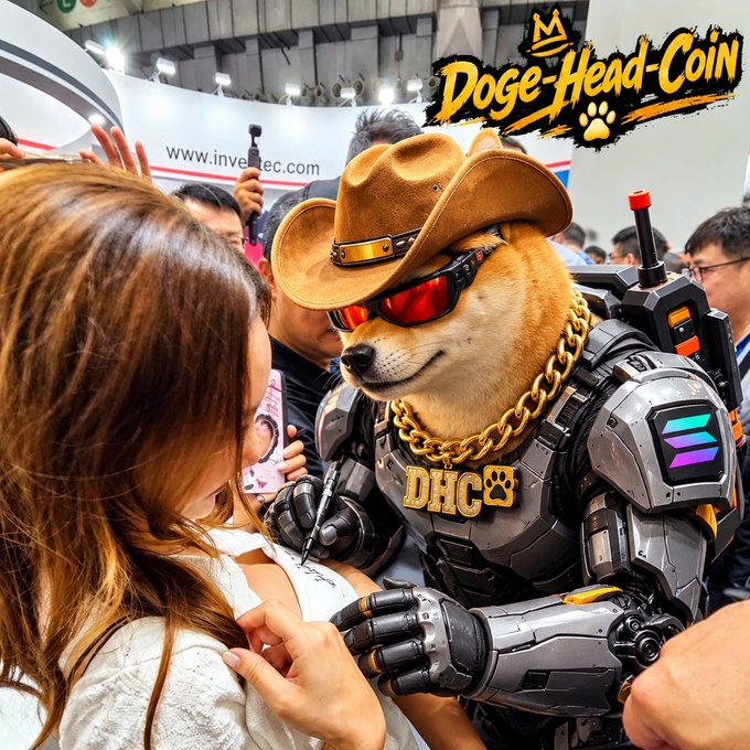 A person in an elaborate Shiba Inu mascot costume wearing a cowboy hat, sunglasses, gold chains, and robotic armor labeled 'DHC', signing an item for an attendee at an expo, with text 'Doge-Head-Coin' overlaid.