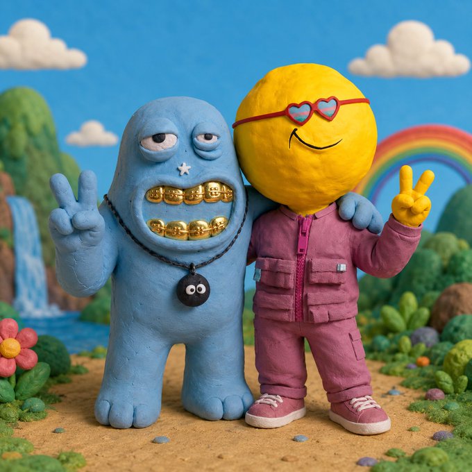The image features a stop-motion-style claymation scene with a blue, grumpy monster (adorned with gold teeth and a pendant) and a smiling yellow emoji-like character wearing heart-shaped sunglasses and a pink outfit, both throwing up peace signs against a whimsical backdrop of rainbows, clouds, and a waterfall. The characters' playful, toonish aesthetic ties into the post's celebration of securing a "gToons" allocation for "D3lMundos" holders, visually embodying the fun, animated tone of the collaboration announcement.