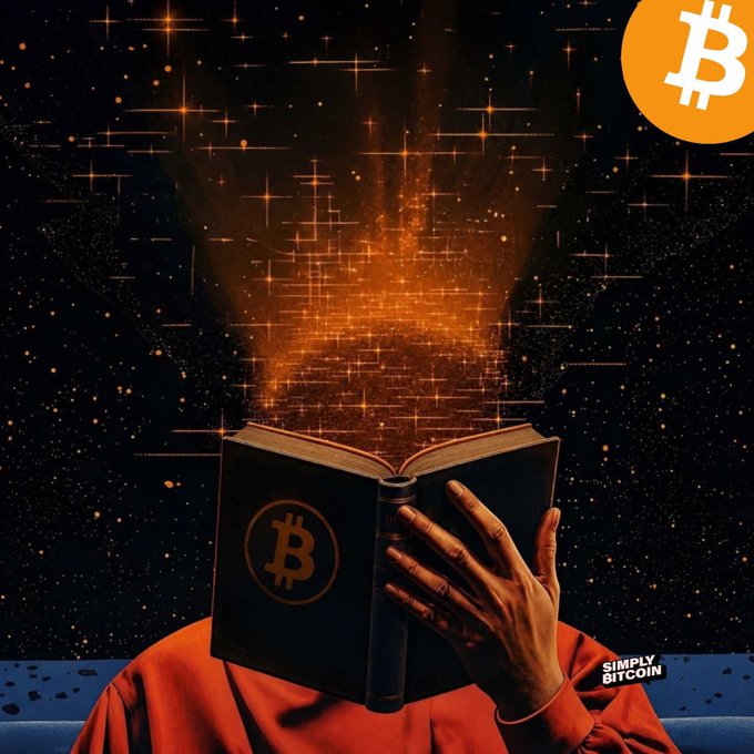 A stylized illustration shows a person in an orange shirt holding a book with a Bitcoin logo, while glowing particles and a large Bitcoin symbol emerge from the pages into a starry space background, with 'SIMPLY BITCOIN' text in the corner.
