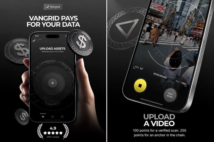 An advertisement for 'Vangrid' stating 'VANGRID PAYS FOR YOUR DATA', showing a hand holding a phone displaying 'UPLOAD ASSETS' and another screen showing a street scene with a 'SHUT DOWN' button and text '100 points for a verified scan. 250 points for an anchor in the chain.'