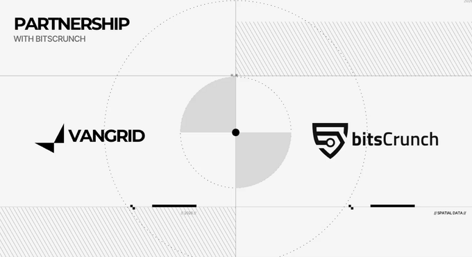 A minimalist graphic announcing a 'PARTNERSHIP WITH BITSCRUNCH', displaying the 'VANGRID' logo on the left and the 'bitsCrunch' logo on the right against geometric shapes.