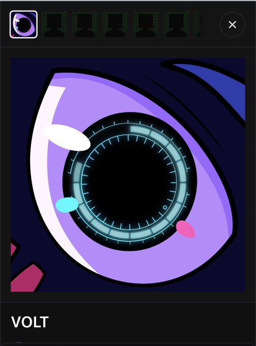 A close-up of a stylized purple cartoon eye with a high-tech, glowing blue iris appears, labeled "VOLT" at the bottom. The image relates to the post as a pre-reveal preview of a NFT minted through Powered by Volt, showcasing its eye-catching, futuristic design.