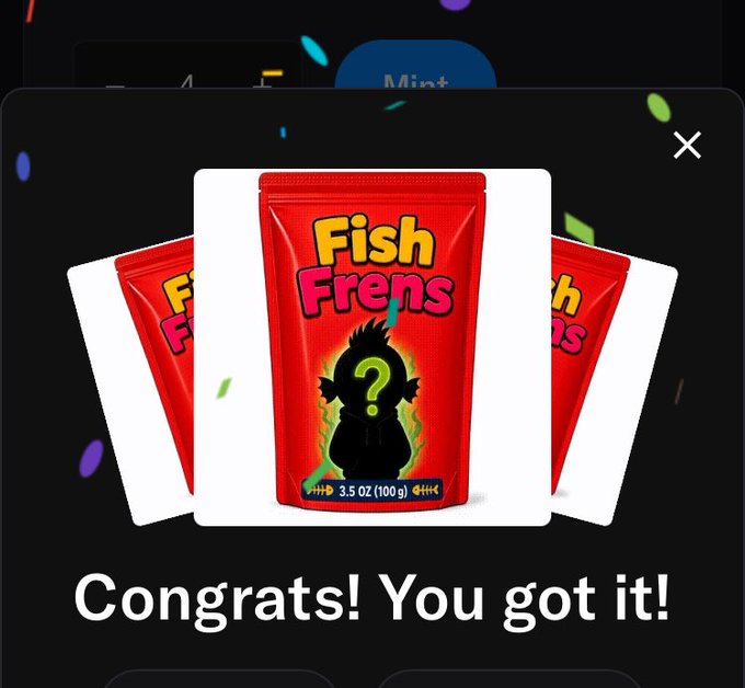 A digital pop-up showing three 'Fish Frens' red snack bags with a question mark fish silhouette, with text 'Congrats! You got it!' on a confetti background.