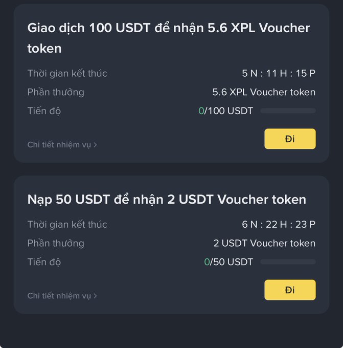 A Vietnamese-language crypto rewards screen showing tasks: 'Giao dịch 100 USDT để nhận 5.6 XPL Voucher token' and 'Nạp 50 USDT để nhận 2 USDT Voucher token,' both with 0 progress.