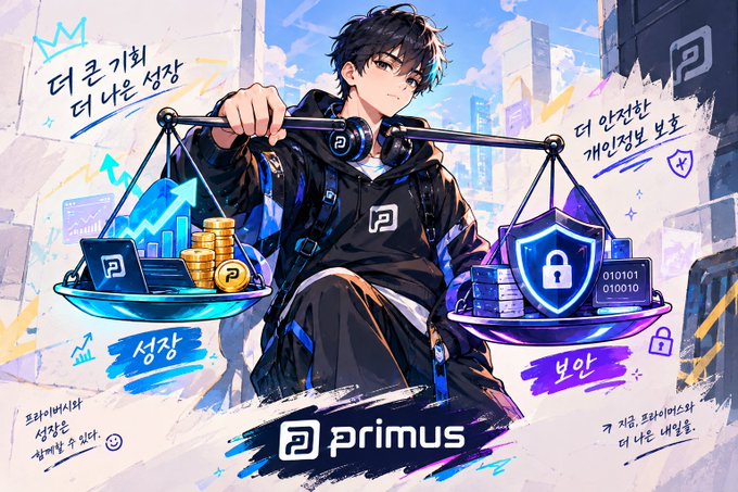An illustrated Primus advertisement shows a young man carrying a balance scale with growth and protection symbols; visible Korean text includes “더 큰 기회, 더 나은 성장,” “더 안전한 개인정보 보호,” “성장,” and “보호.”