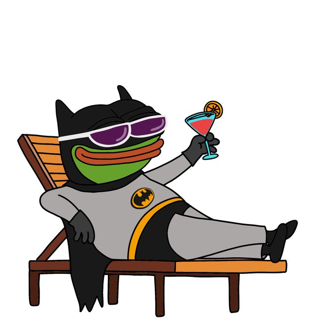 A cartoon illustration of the Pepe the Frog character wearing a Batman costume and sunglasses, lounging on a beach chair while holding a cocktail garnished with an orange slice.