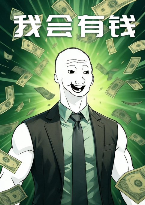 A meme featuring a man in a suit surrounded by flying dollar bills with Chinese text reading '我会有钱' (I will have money).