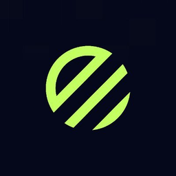 A minimalist logo featuring a green circular design with diagonal cutout lines on a dark gray background.