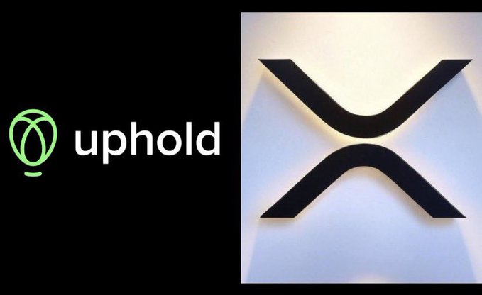 A side-by-side image displaying the Uphold logo (a green globe-like icon) on a black background next to the black XRP (Ripple) symbol on a white background.