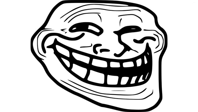 A black-and-white line drawing of the iconic grinning Trollface meme, visually reinforcing the post's warning about underestimating the $TROLL token's mischievous potential.