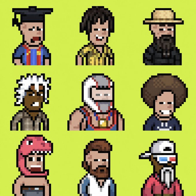 A 3x3 grid of pixel art character portraits on a bright yellow-green background, featuring various figures including a graduate, a man with a straw hat and beard, a man with wild white hair, a masked wrestler, and a character in a VR headset.