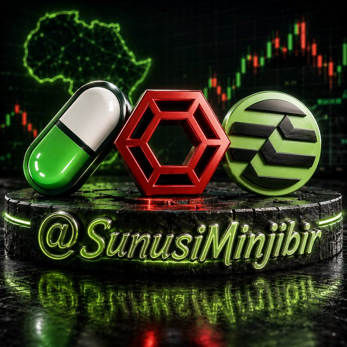 A stylized 3D render features a green-and-white pill capsule, a red hexagonal logo, and a green circular emblem displayed on a glowing stone pedestal against a candlestick chart backdrop of the African continent, with the handle "@SunusiMinjibir" in neon green script below. The bold crypto-token imagery visually echoes the post's warning about significant upcoming token unlocks for $PUMP, $APT, $MOVE, $LINEA, and $RED, with the chart background underscoring the market volatility investors should brace for.