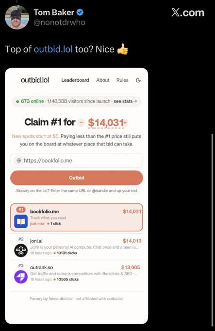 A tweet from Tom Baker (@nonotdrwho) celebrating outbid.lol reaching the top, showing Claim #1 for bookfolio.me at $14,031.