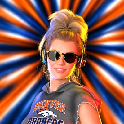 A stylized portrait of a woman wearing sunglasses, a headset, and a grey 'DENVER BRONCOS' shirt against a dynamic orange and blue radiating background.