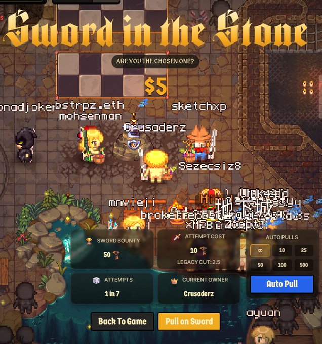 A pixel-art game interface for 'Sword in the Stone' showing various player avatars, a sword bounty of 50, an attempt cost of 10, and a current owner 'Crusaderz'.