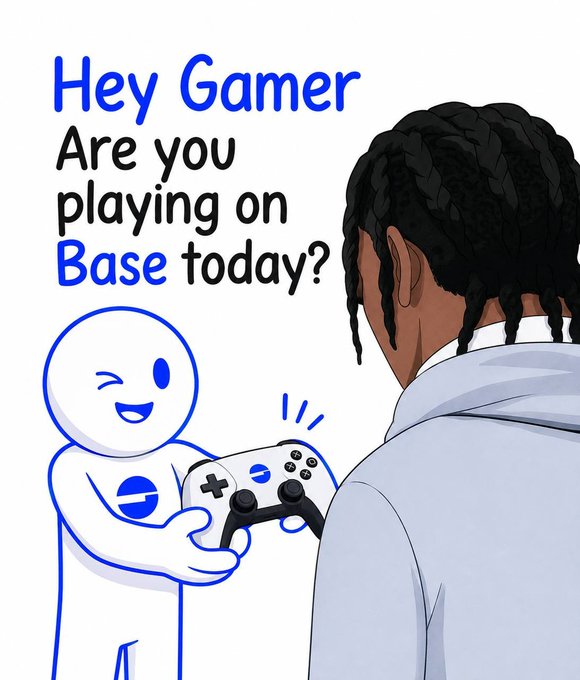 An illustration featuring a Base logo mascot holding a game controller next to a figure with braided hair, with text reading 'Hey Gamer Are you playing on Base today?'