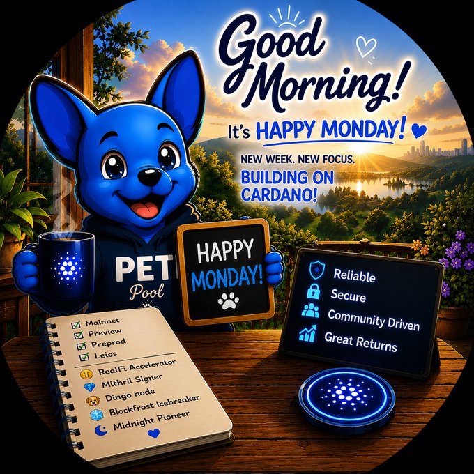 A cartoon blue dog mascot wearing a 'PET Pool' hoodie holds a coffee mug alongside a 'HAPPY MONDAY!' chalkboard, with text promoting 'New Week, New Focus' and 'Building on Cardano,' featuring a checklist of network options like Mainnet, Preprod, and Preview.