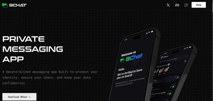 The image shows a promotional landing page for BChat, a private messaging app, featuring the text "PRIVATE MESSAGING APP" and "A decentralized messaging app built to protect your identity, secure your chats, and keep your data confidential," alongside mockups of the app on smartphones. The post ties into this by highlighting BChat as part of BeldexCoin's vision for giving users greater control over their digital privacy through decentralized services.
