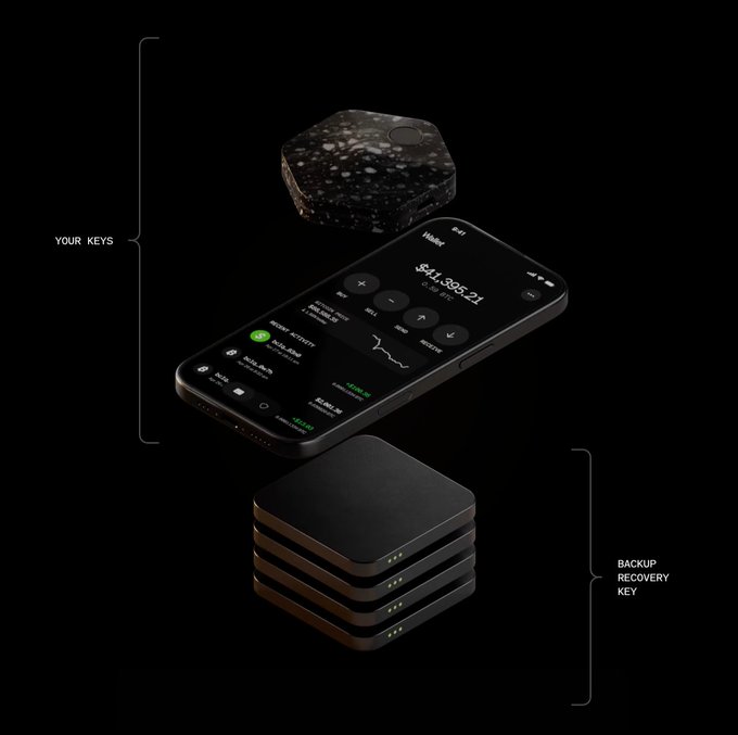 A dark-themed promotional image for a crypto hardware wallet, displaying a phone showing a $11,895.21 balance in the center, flanked by a hexagonal hardware device labeled 'YOUR KEYS' above and stacked 'BACKUP RECOVERY KEY' devices below.