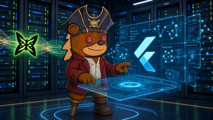 A digital illustration depicts a cartoon bear wearing a pirate hat with crossed-out eyes, standing in a server room and interacting with a holographic interface that displays logos and network graphs.