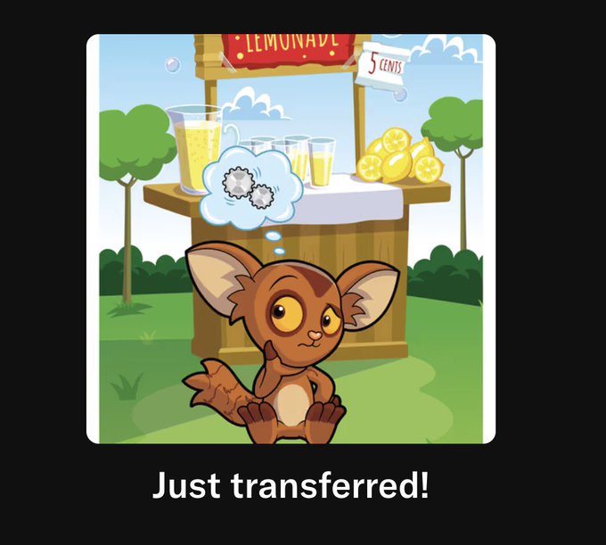 The image features a cartoon character, likely a small brown animal or a cute little dog, sitting next to a lemonade stand with a sign that says "Lemonade". The character appears to be thinking about something while looking at the stand. In the background of the image, there is a tree and some bushes, adding to the overall atmosphere of the scene. The post includes text that reads "Just transferred! @garyvee for hooking me up with my first @veefriends I will follow all of you back!".