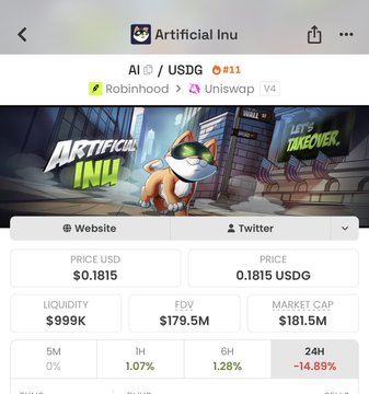 A screenshot of the Artificial Inu ($AI) token page on a crypto tracking app shows a price of $0.1815 USD with a market cap of $181.5M, liquidity of $999K, and FDV of $179.5M, alongside a banner featuring the project's "Let's Takeover" motto. The image supports the post's discussion of $AI as an experimental token on the Robinhood Chain launched through LONG, illustrating the current price metrics relevant to the author's perspective on the FUD around the token.
