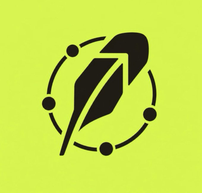 A black feather quill icon inside a circular design with dots, set against a bright yellow-green background.