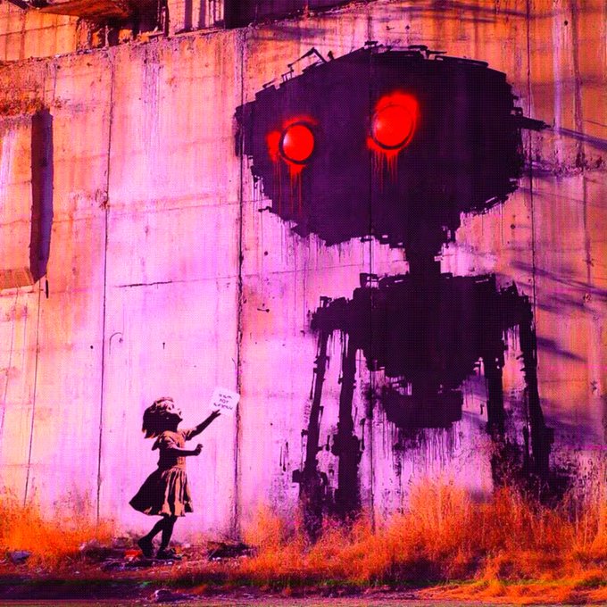 Street art on a concrete wall depicting a young girl in a dress reaching out to a large black robot with glowing red eyes.