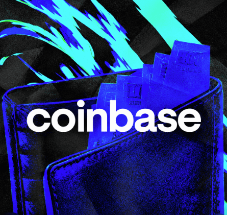 The image features the Coinbase logo prominently displayed on what appears to be a leather wallet containing stock certificates, visually representing Coinbase's new feature allowing eligible U.S. retail customers to access IPO allocations through its app. The wallet imagery symbolizes the intersection of traditional finance and the cryptocurrency exchange's expansion into IPO share access, starting with Oura's public offering.