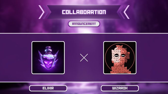 An announcement banner with a purple background reading 'COLLABORATION' and 'ANNOUNCEMENT', showing a collaboration between two items labeled 'ELIXIR' and 'WIZARD'.