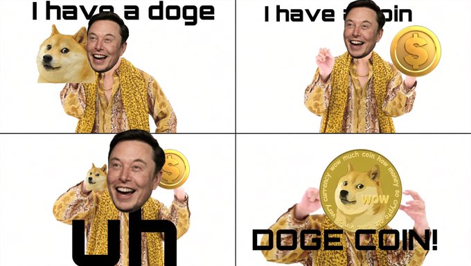 A four-panel meme features a man in a gold patterned shirt celebrating cryptocurrency, with text reading 'I have a doge', 'I have a coin', 'un', and 'DOGE COIN!' alongside Shiba Inu and coin graphics.