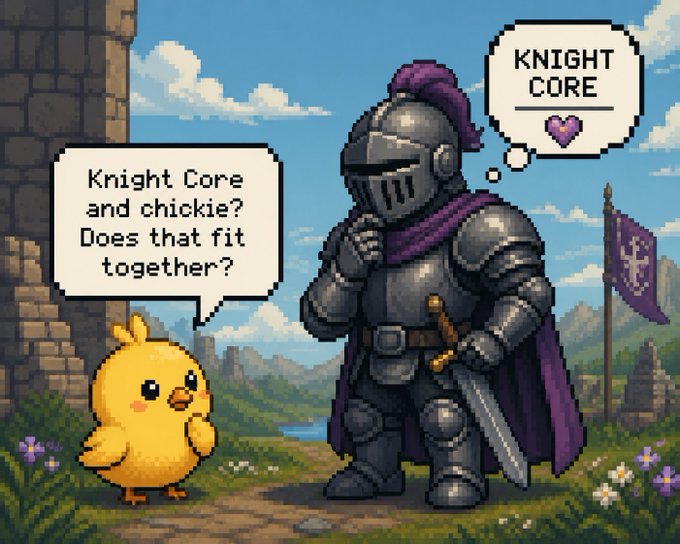 A pixel art scene featuring a knight in purple-trimmed armor and a small yellow chick, with the chick asking "Knight Core and chickie? Does that fit together?" while the knight thinks "KNIGHT CORE" with a heart.
