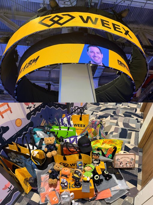 A two-part image shows the TOKEN2049 conference, with the top photo featuring a large "WEEK 1" banner sponsored by I3M and Entropy alongside a speaker's face, and the bottom photo displaying an overflowing collection of swag bags and branded merchandise (including WEEKEY, PEPE, and Jupiter items) on the floor—visually capturing the abundant freebies the attendee hauled home after the exhausting event.