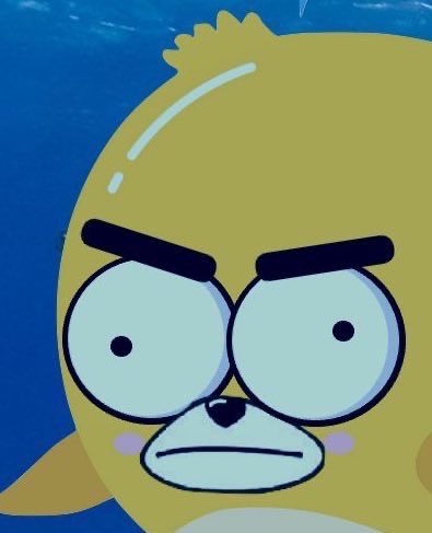 A close-up of an angry cartoon character with yellow skin, thick black eyebrows, and large white eyes underwater.