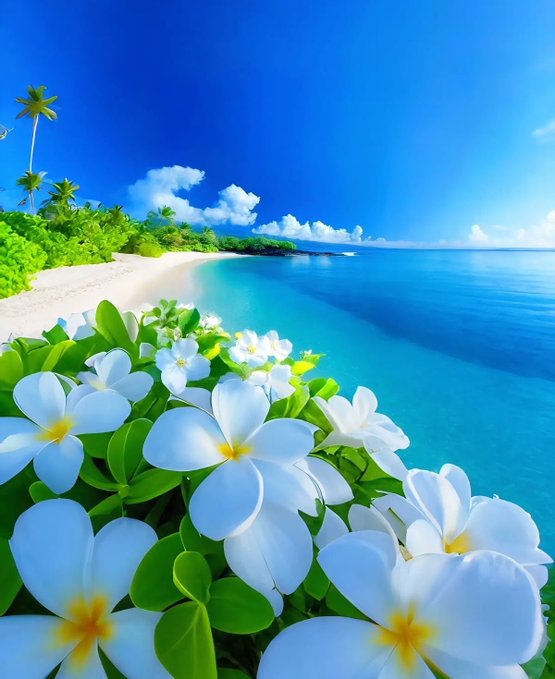 A tropical beach scene features white plumeria flowers in the foreground, palm trees along a sandy shore, and turquoise ocean waters under a blue sky with scattered clouds.