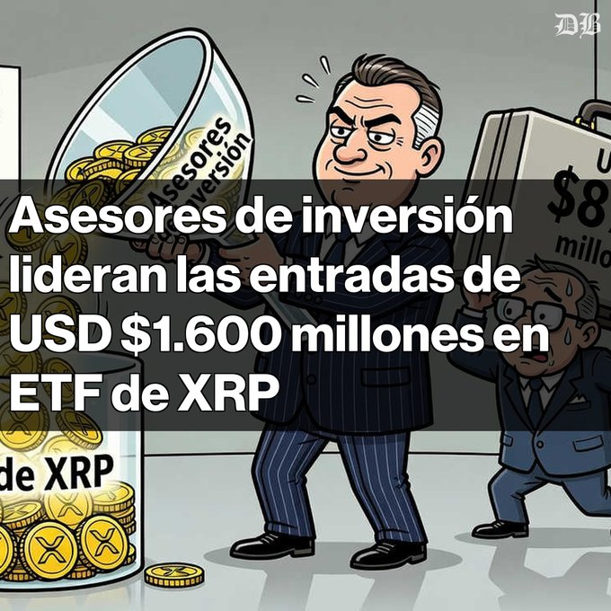 A cartoon illustration showing investment advisors leading XRP ETF inflows of $1.6 billion USD, featuring characters pouring XRP coins from a jar marked 'Asesores de inversion' while another carries a briefcase labeled '$8 mil'.