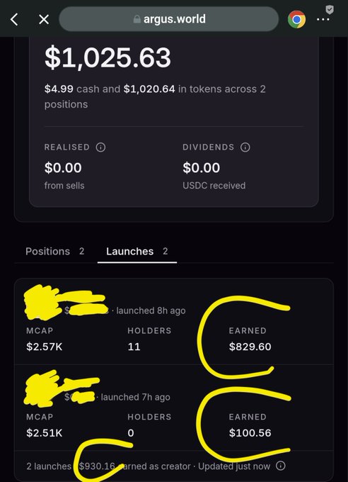 The image shows an argus.world portfolio dashboard displaying $1,025.63 in total value ($4.99 cash and $1,020.64 in tokens across 2 launches), with highlighted "EARNED" amounts of $829.60 and $100.56 from two recent token launches, suggesting the poster earned roughly $930 as a creator on the platform. The caption should convey their amazement at making significant creator earnings (~$930) from launching tokens on argus.world, likely tied to ARC blockchain.