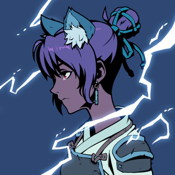 An anime-style illustration shows a purple-haired character with fox ears in profile, looking serious against a dark blue background with jagged white energy lines.