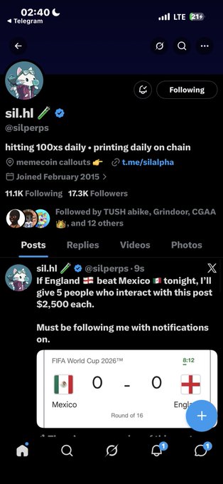 Twitter/X profile for sil.hl (@silperps) showing a post promising $2,500 to 5 people if England beats Mexico, with a FIFA World Cup 2026 Round of 16 match preview showing 0-0 score.