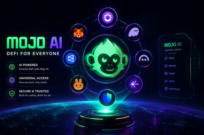 Promotional graphic for 'MOJO AI' featuring a green monkey mascot and text 'DEFI FOR EVERYONE' alongside a mobile interface showing options like SWAP, BRIDGE, STAKE, YIELD, and PORTFOLIO.
