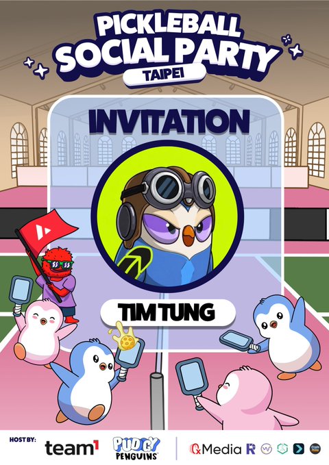 An invitation graphic for a 'PICKLEBALL SOCIAL PARTY TAIPEI' featuring cartoon penguins playing pickleball, with host logos including team1, PUDGY PENGUINS, and others.